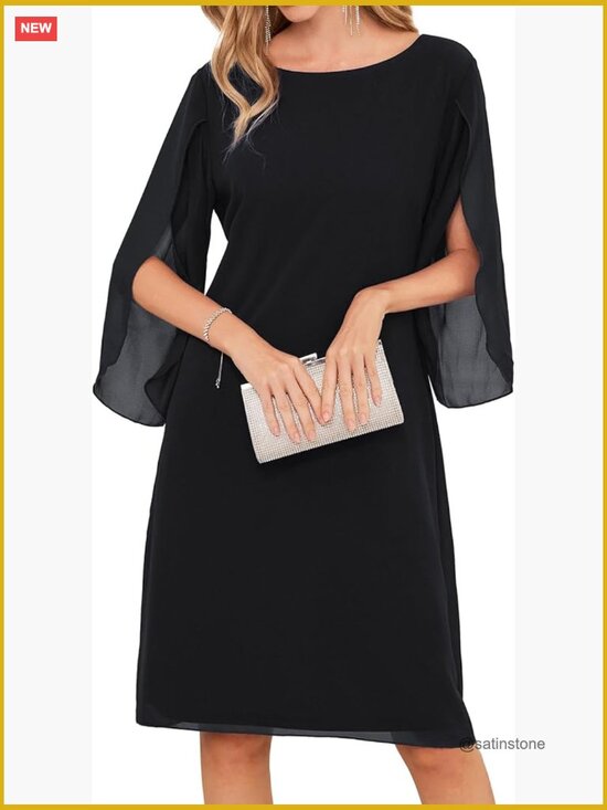 Dresses & Skirts - Chiffon Midi Formal Wedding Guest Dress with 3/4 Sleeves